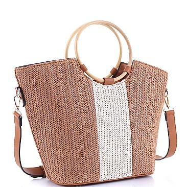 2-Way Two-Tone Round Bamboo Handle Straw Satchel