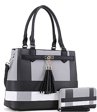 2 IN 1 CHECK AND TASSEL ACCENT SATCHEL WITH WALLET