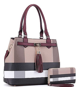 2 IN 1 CHECK AND TASSEL ACCENT SATCHEL WITH WALLET