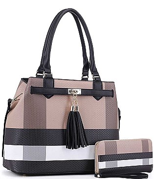 2 IN 1 CHECK AND TASSEL ACCENT SATCHEL WITH WALLET
