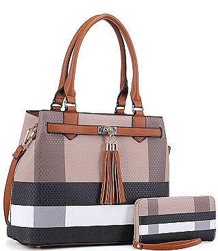 2 IN 1 CHECK AND TASSEL ACCENT SATCHEL WITH WALLET