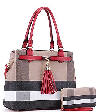 2 IN 1 CHECK AND TASSEL ACCENT SATCHEL WITH WALLET
