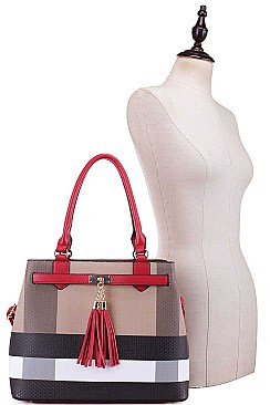 2 IN 1 CHECK AND TASSEL ACCENT SATCHEL WITH WALLET