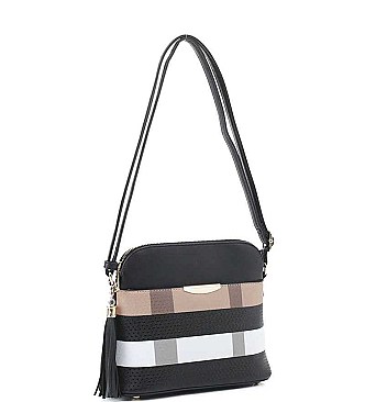 FASHION SMOOTH TASSEL PLAID CHECKERED DESIGN CROSSBODY BAG