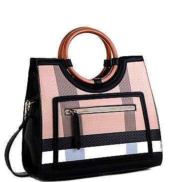 Plaid Checker Wooden Handle Print Satchel