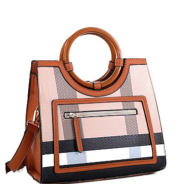 Plaid Checker Wooden Handle Print Satchel