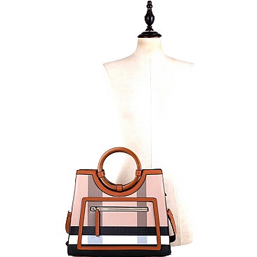 Plaid Checker Wooden Handle Print Satchel