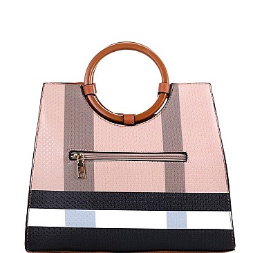 Plaid Checker Wooden Handle Print Satchel