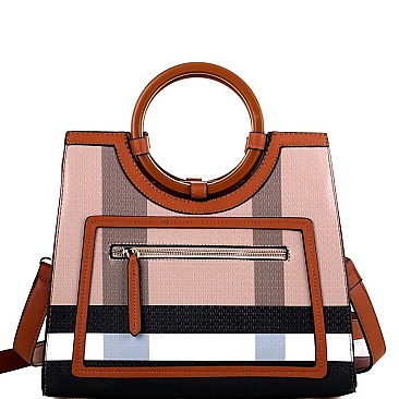 Plaid Checker Wooden Handle Print Satchel