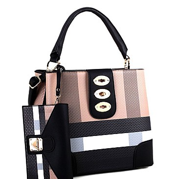 Trendy Turn-Lock Accent Plaid Print 2 in 1 Hobo Value SET MH-BL4216S