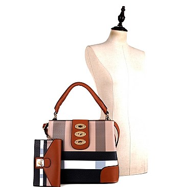 Trendy Turn-Lock Accent Plaid Print 2 in 1 Hobo Value SET MH-BL4216S