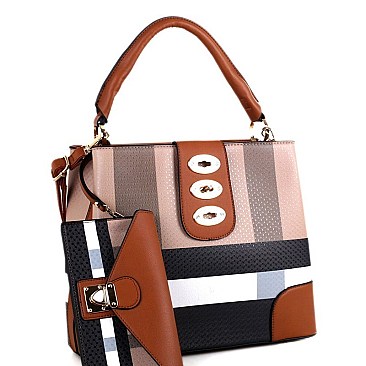 Trendy Turn-Lock Accent Plaid Print 2 in 1 Hobo Value SET MH-BL4216S