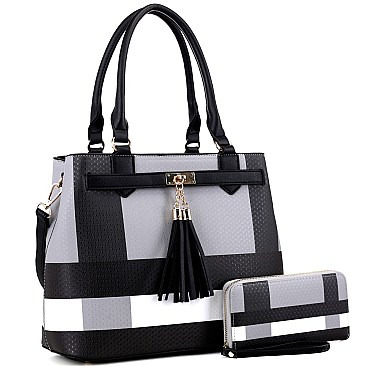 Structured Plaid Checker Print Tassel Accent Tote Wallet SET