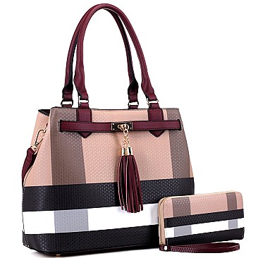 Structured Plaid Checker Print Tassel Accent Tote Wallet SET