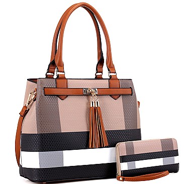 Structured Plaid Checker Print Tassel Accent Tote Wallet SET