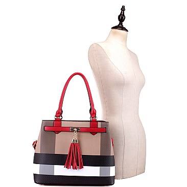 Structured Plaid Checker Print Tassel Accent Tote Wallet SET