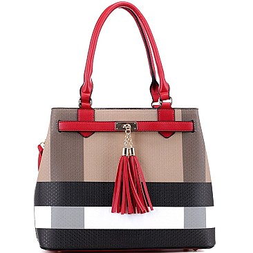 Structured Plaid Checker Print Tassel Accent Tote Wallet SET