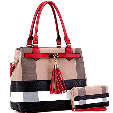 Structured Plaid Checker Print Tassel Accent Tote Wallet SET