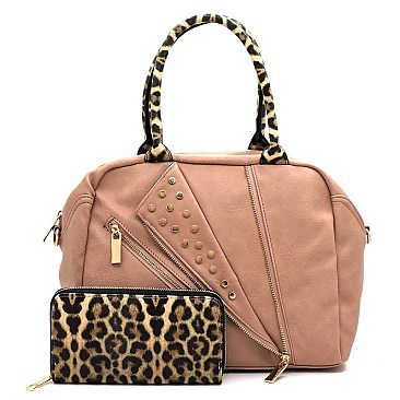 Studded Motorcycle Jacket Leopard Trim 2-in-1 Boston Bag