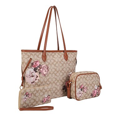 3-in-1 Oval ROSE GLAM Monogram Handbag / Crossbody Wallet Set
