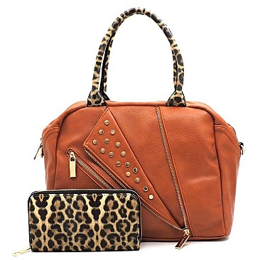 Studded Motorcycle Jacket Leopard Trim 2-in-1 Boston Bag