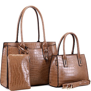 3 in 1 Crocodile Print Structured Tote Wallet SET