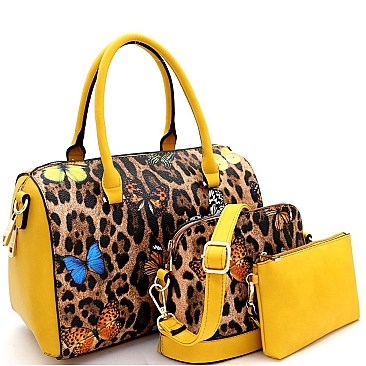 3 in 1 Butterfly Leopard Print Boston Satchel Cross Body Value SET