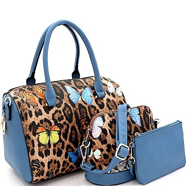 3 in 1 Butterfly Leopard Print Boston Satchel Cross Body Value SET