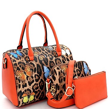 3 in 1 Butterfly Leopard Print Boston Satchel Cross Body Value SET