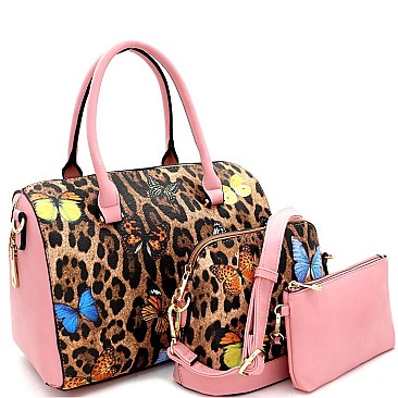 3 in 1 Butterfly Leopard Print Boston Satchel Cross Body Value SET