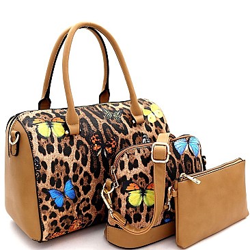 3 in 1 Butterfly Leopard Print Boston Satchel Cross Body Value SET