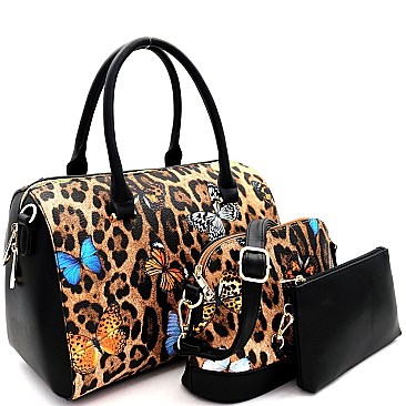3 in 1 Butterfly Leopard Print Boston Satchel Cross Body Value SET