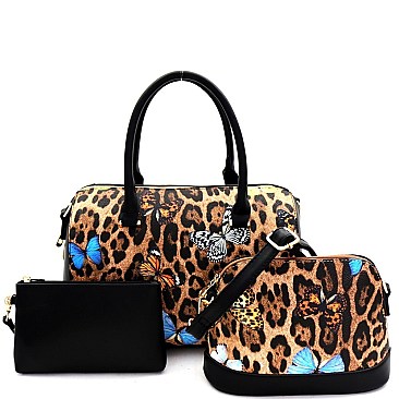 3 in 1 Butterfly Leopard Print Boston Satchel Cross Body Value SET
