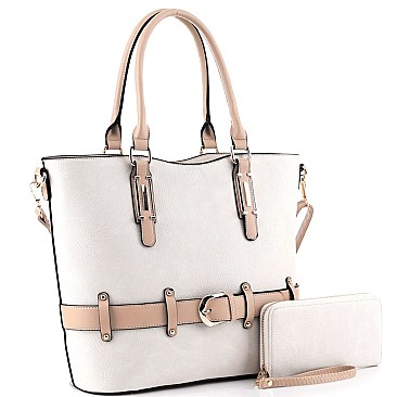 2-Way Two-Tone Belted Tote Wallet SET
