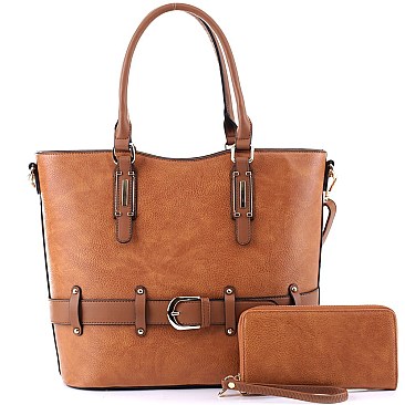 2-Way Two-Tone Belted Tote Wallet SET