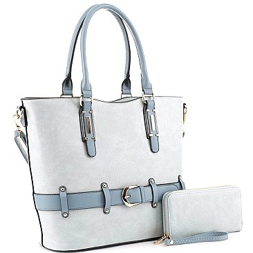 2-Way Two-Tone Belted Tote Wallet SET