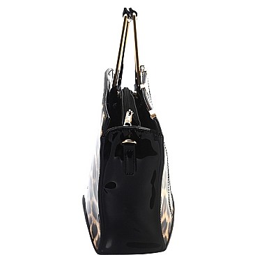 METAL HANDLE LEOPARD PRINT SATCHEL WALLET SET