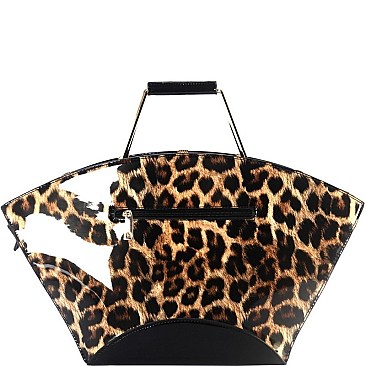 METAL HANDLE LEOPARD PRINT SATCHEL WALLET SET