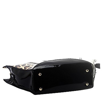 METAL HANDLE LEOPARD PRINT SATCHEL WALLET SET