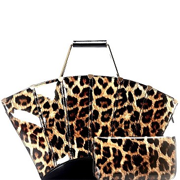 METAL HANDLE LEOPARD PRINT SATCHEL WALLET SET