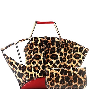 METAL HANDLE LEOPARD PRINT SATCHEL WALLET SET