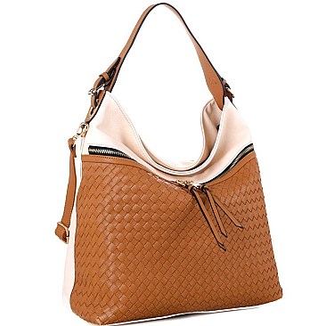 Front Zipper Compartment Color-Block Woven Detail 2-Way Hobo MH-BY4230