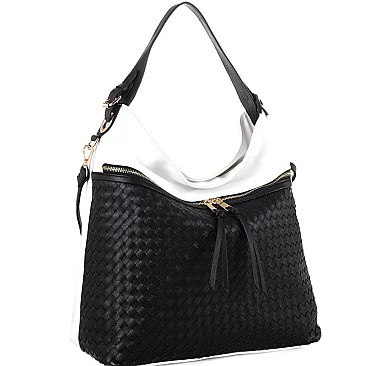 Front Zipper Compartment Color-Block Woven Detail 2-Way Hobo MH-BY4230