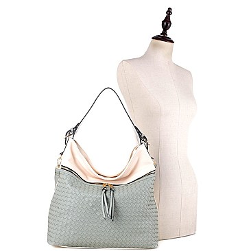 Front Zipper Compartment Color-Block Woven Detail 2-Way Hobo MH-BY4230