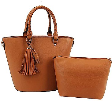 2 IN 1 CUTE TASSEL ACCENT TOTE BAG WITH LONG STRAP