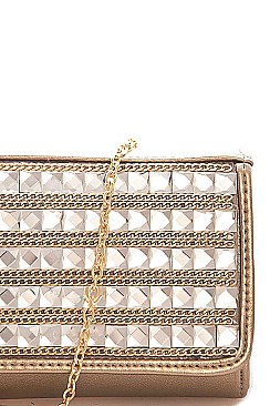 FASHION MULTI RHINESTONE FRONT PARTY CLUTCH WITH CHAIN