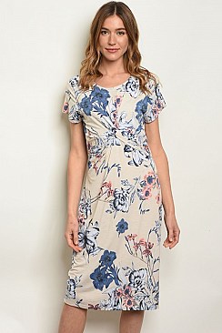 Front Gathered Scoop Neck Floral Midi Dress - Pack of 6 Pieces
