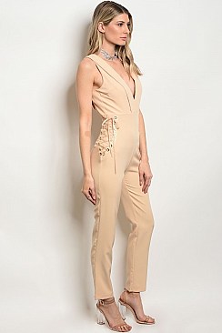 Sleeveless Deep Neckline Fitted Waist Lace up Sides Jumpsuit - Pack of 6 Pieces