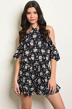 Short Sleeve Cold Shoulder Floral Print Ruffle Romper - Pack 6 Pieces