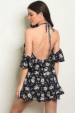 Short Sleeve Cold Shoulder Floral Print Ruffle Romper - Pack 6 Pieces